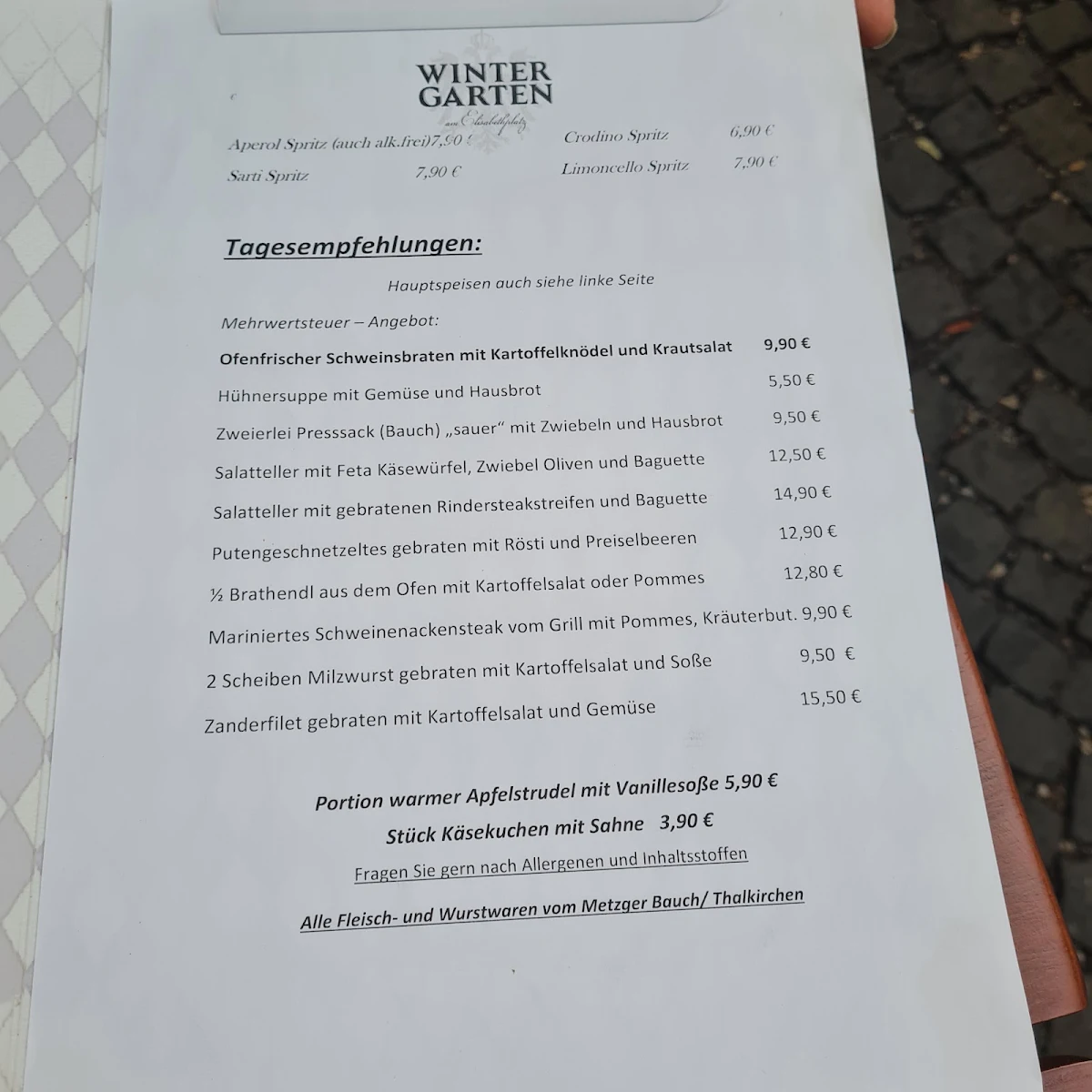 Speisekarte, Wintergarten